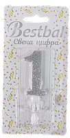 Свеча цифра "1" глиттер серебро Silver