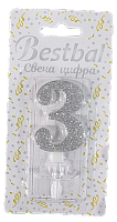 Свеча цифра "3" глиттер серебро Silver