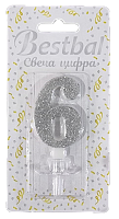 Свеча цифра "6" глиттер серебро Silver