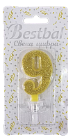 Свеча цифра "9" глиттер золото Gold 