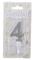 Свеча цифра "4" глиттер серебро Silver