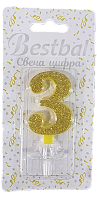 Свеча цифра "3" глиттер золото Gold 